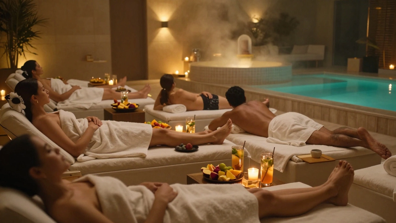 Группа людей отдыхает в роскошном спа-центре с фруктами и бассейном