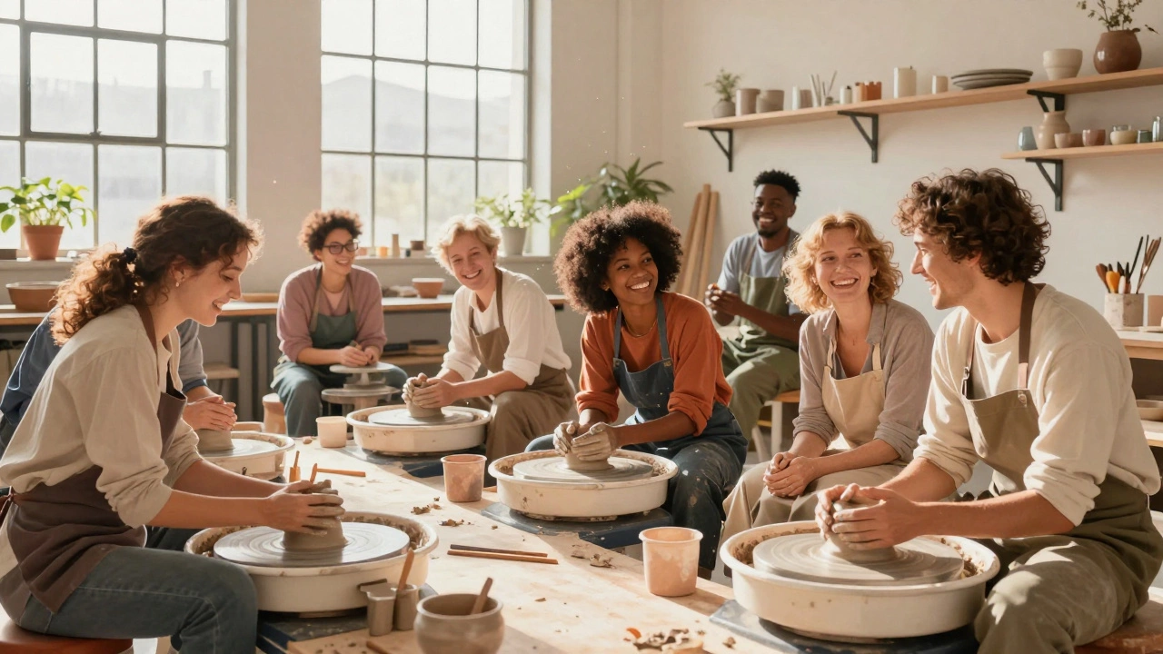 Группа взрослых людей на курсах керамики, увлеченно общающихся за работой