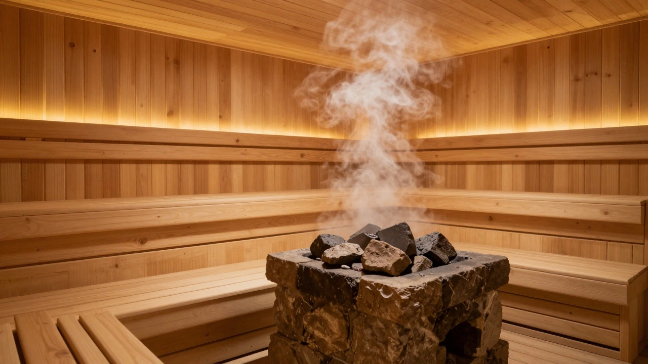 Интерьер готовой сауны из липы с каменкой и мягким паром