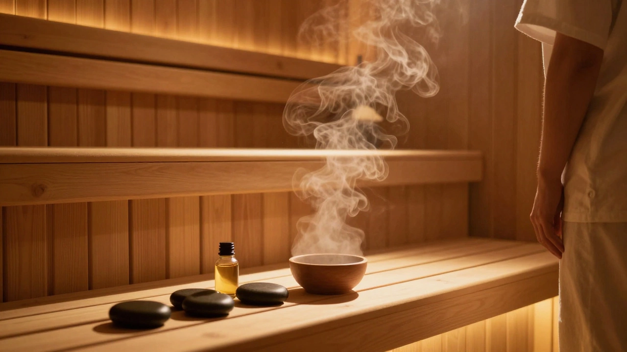 Интерьер роскошной сауны с камнями для массажа и эфирными маслами