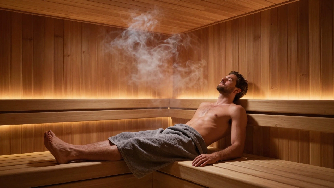 Мужчина отдыхает в современной деревянной сауне в окружении мягкого пара