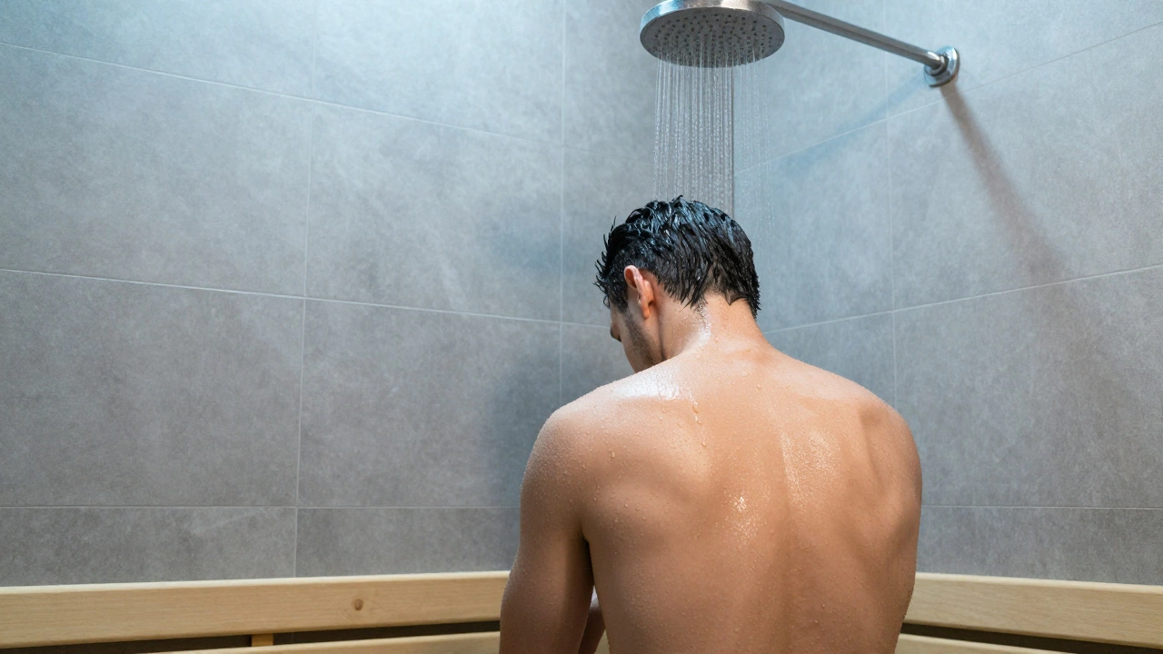 Мужчина принимает освежающий душ после сеанса массажа в сауне