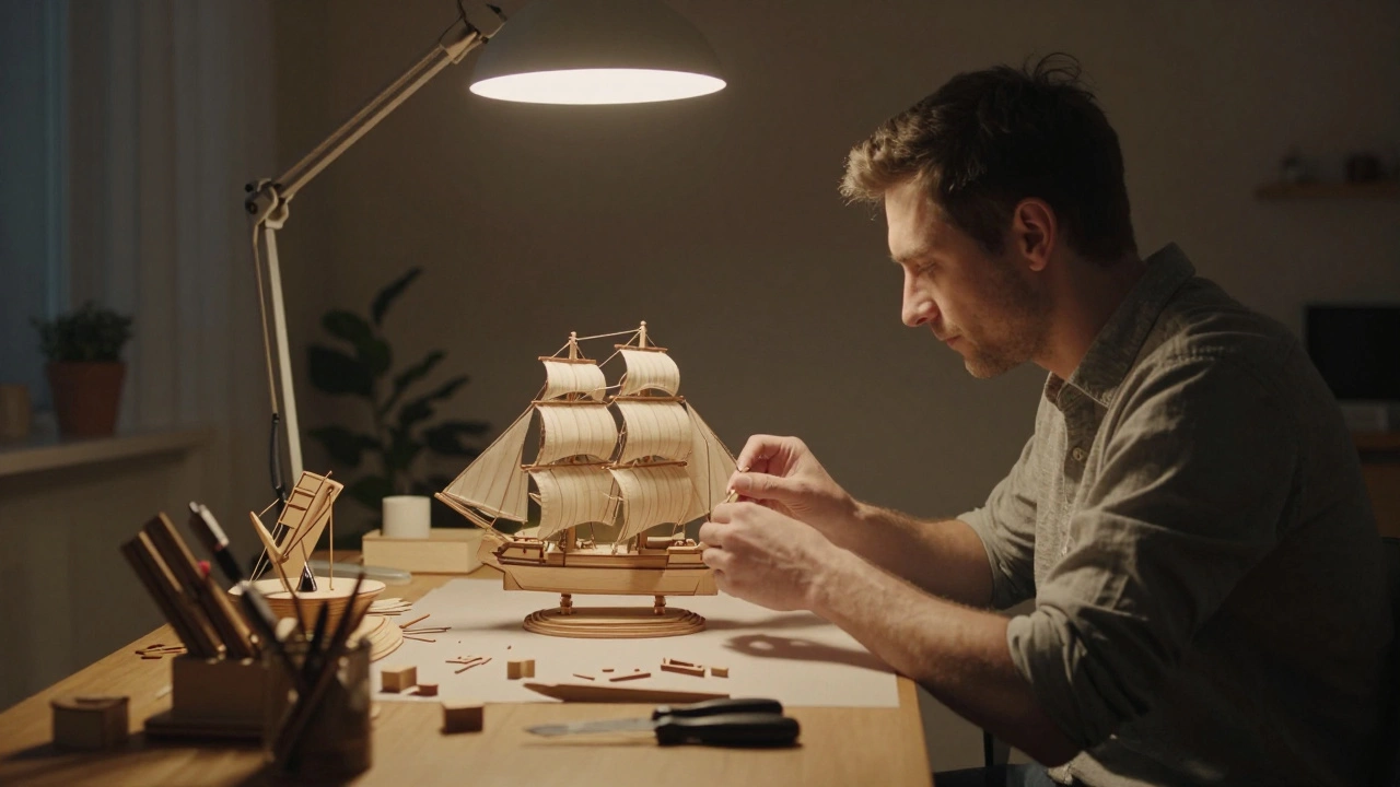 Мужчина сосредоточенно собирает модель корабля, погружаясь в хобби для ментальной перезагрузки.