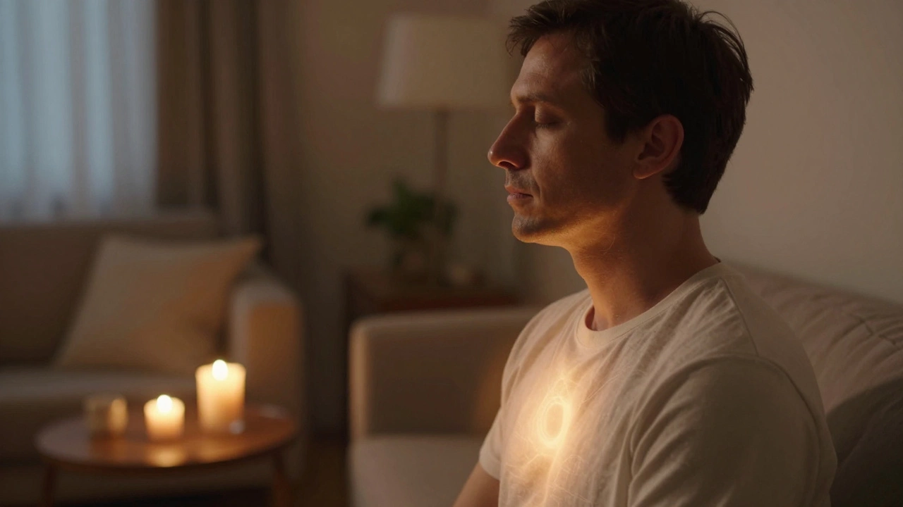 Мужчина в состоянии глубокой медитации и спокойствия при приглушенном свете