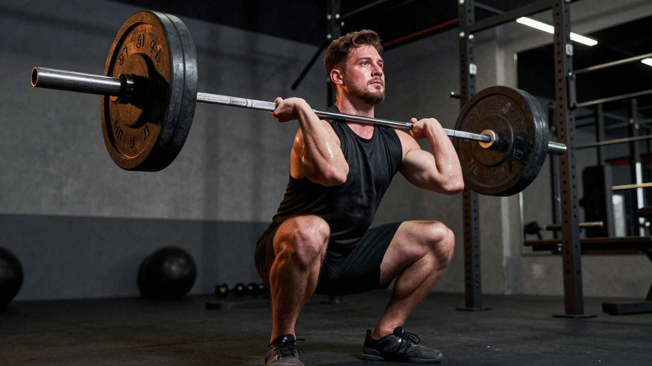 Мужчина выполняет силовое упражнение со штангой в спортзале