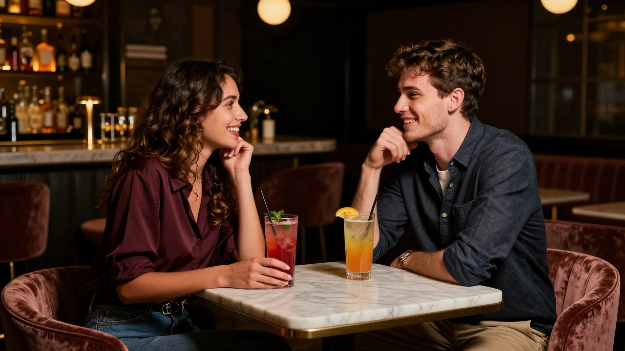 Пара молодых людей на первом легком свидании в стильном баре