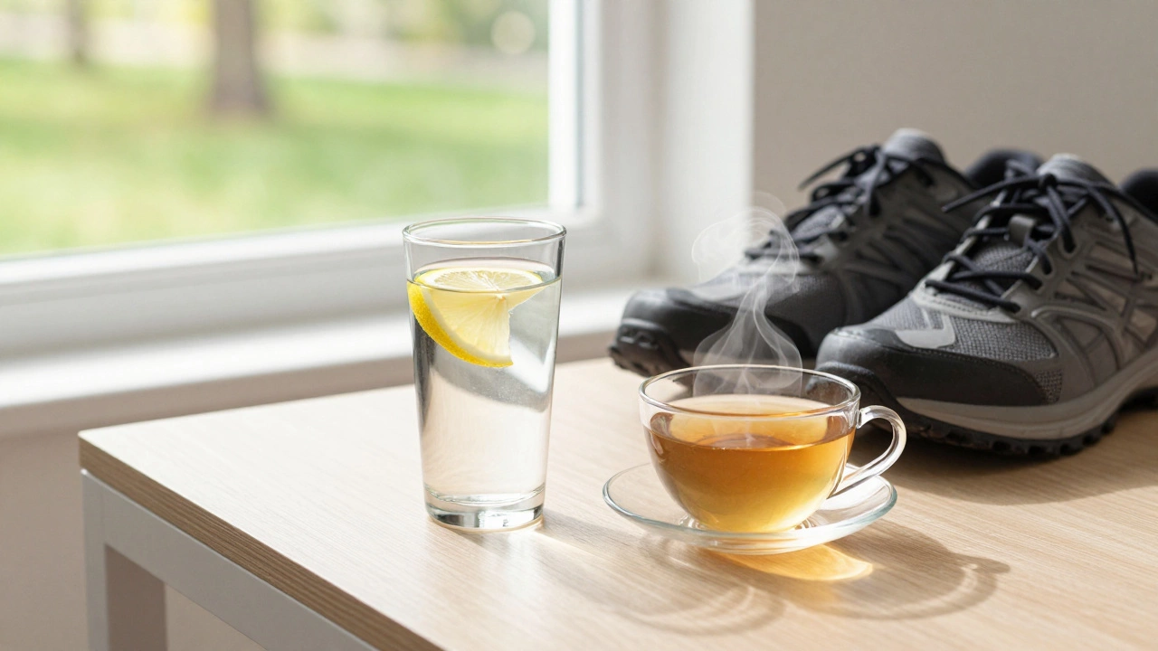 Стакан воды, травяной чай и обувь для прогулок как символы здорового образа жизни